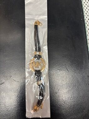 Michael Kors Black Leather Logo Charm Strap with Gold Hardware